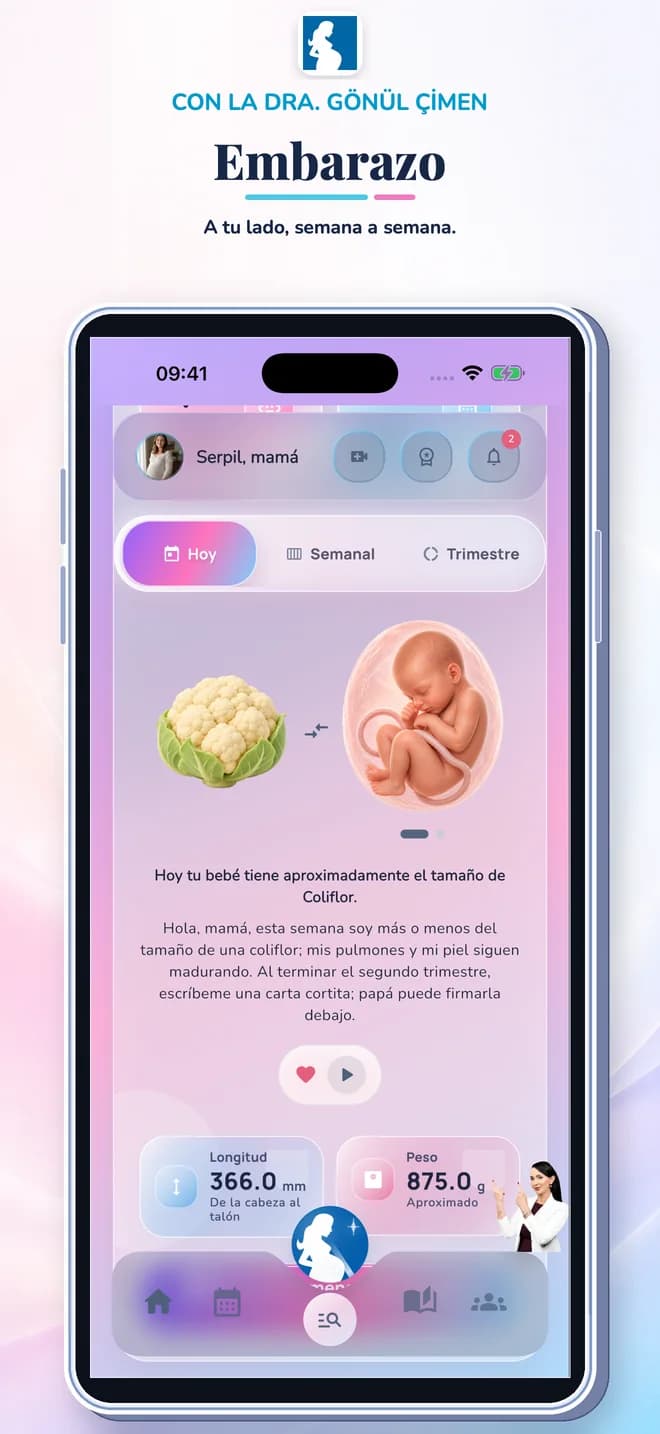 Pantalla de la app de seguimiento del embarazo con información semanal sobre el desarrollo y herramientas de seguimiento personal