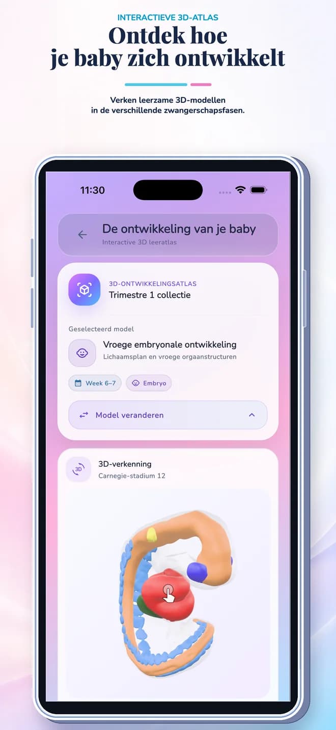 Zwangerschapstracker-appscherm met wekelijkse ontwikkeling en persoonlijke trackingtools