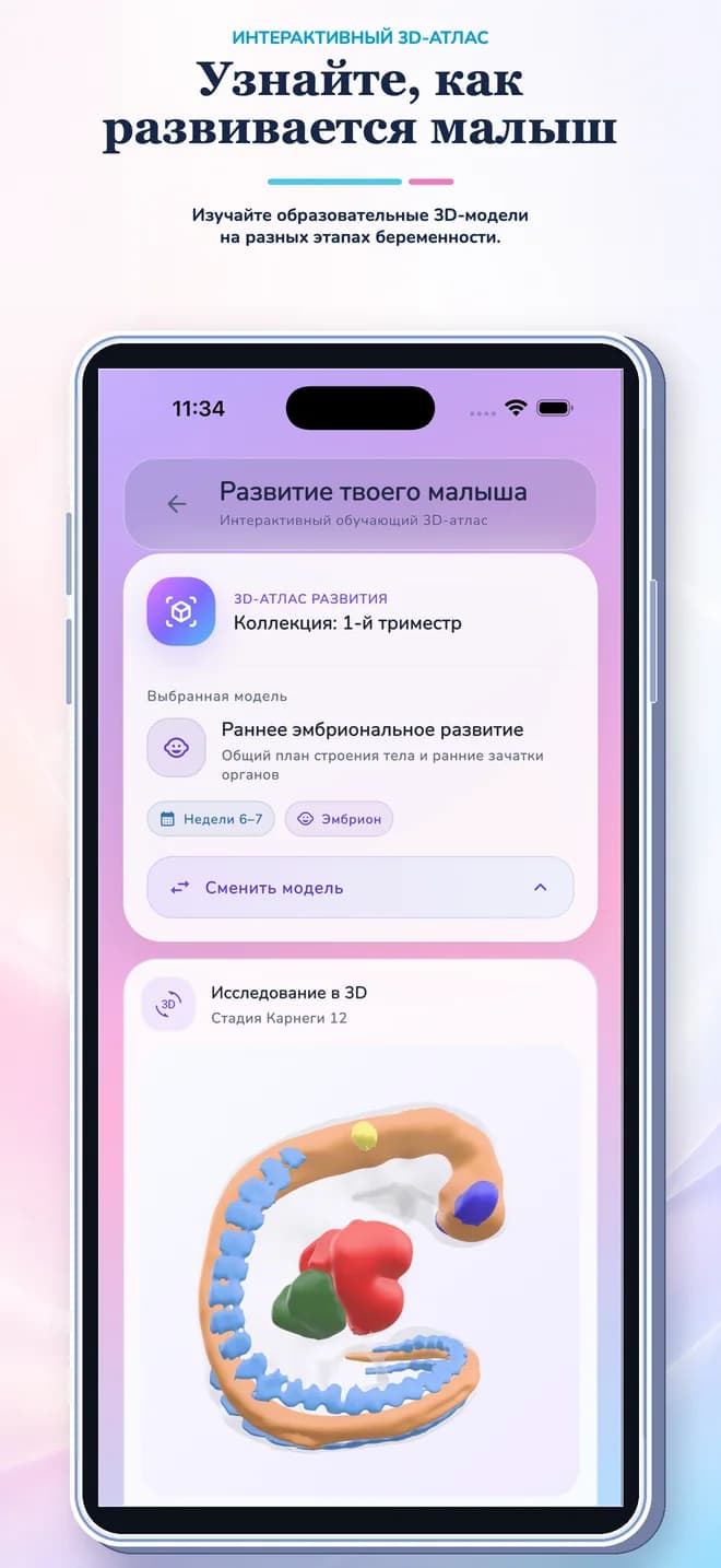 Экран приложения для отслеживания беременности с информацией о развитии по неделям и инструментами персонального контроля