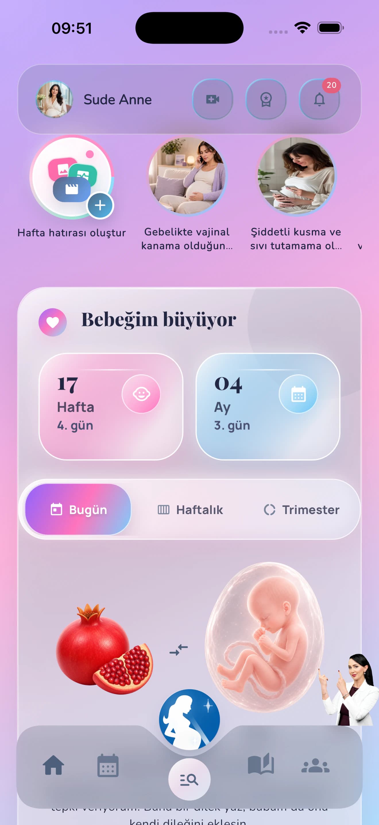 Gebelik Takibi uygulamasının haftalık gelişim ana ekranı